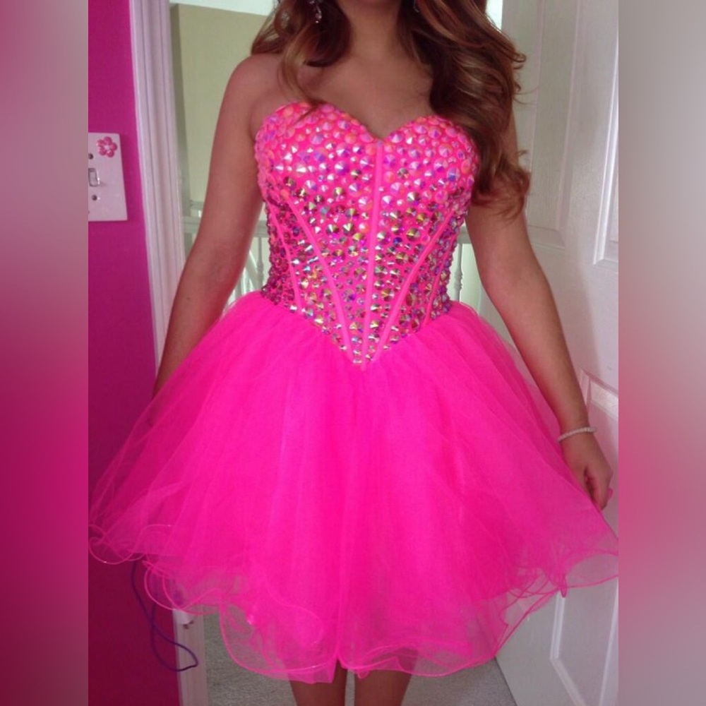 Sherri Hill Hot Pink Beaded Strapless Short Tulle Prom HOCO Dress